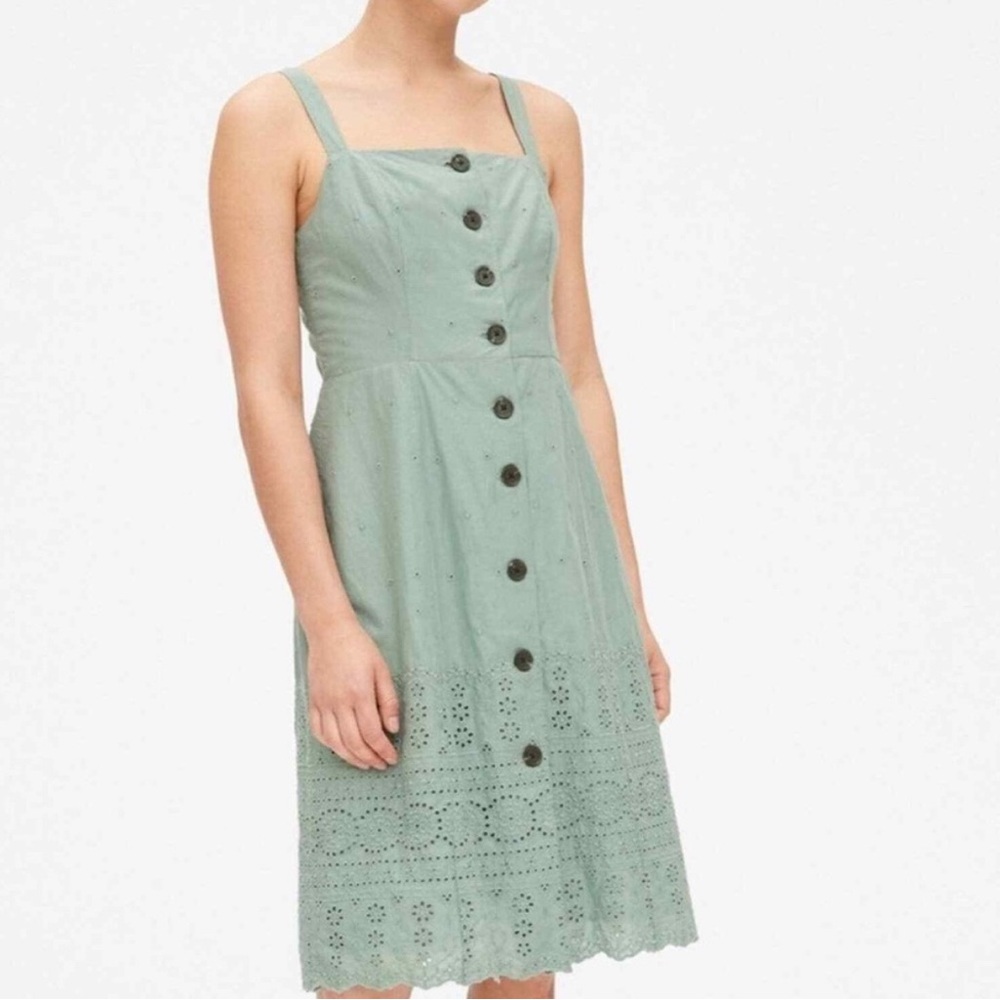 Gap Women's Midi Dress Button Front, Sage Green, Eyelet Embroidered, Size 4